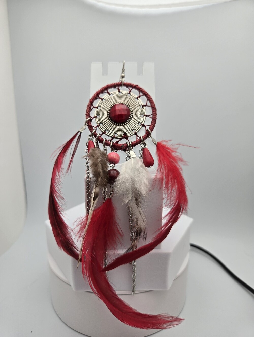 Handmade Red Dream Catcher Statement Earring Single 8"